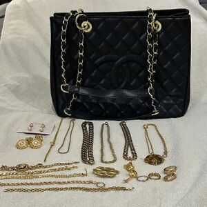 Black Quilted Leather Shoulder Tote with Gold Chain Straps